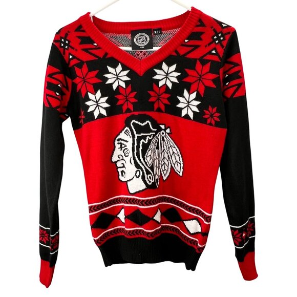 NHL Chicago Blackhawks Sweater S Black Red Nordic Fair Isle V Neck Pullover - Picture 1 of 6